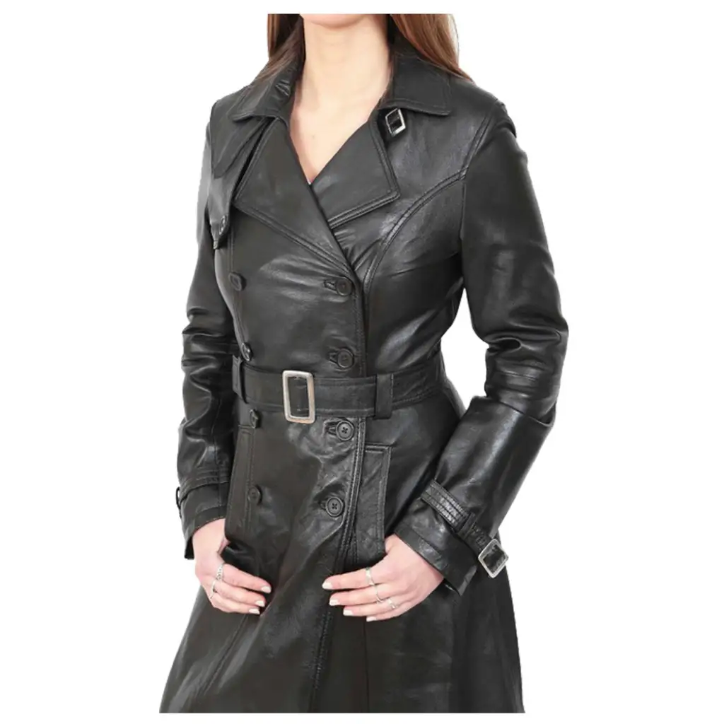 Women's Long Black Leather Trench Coat - Double Breasted Style
